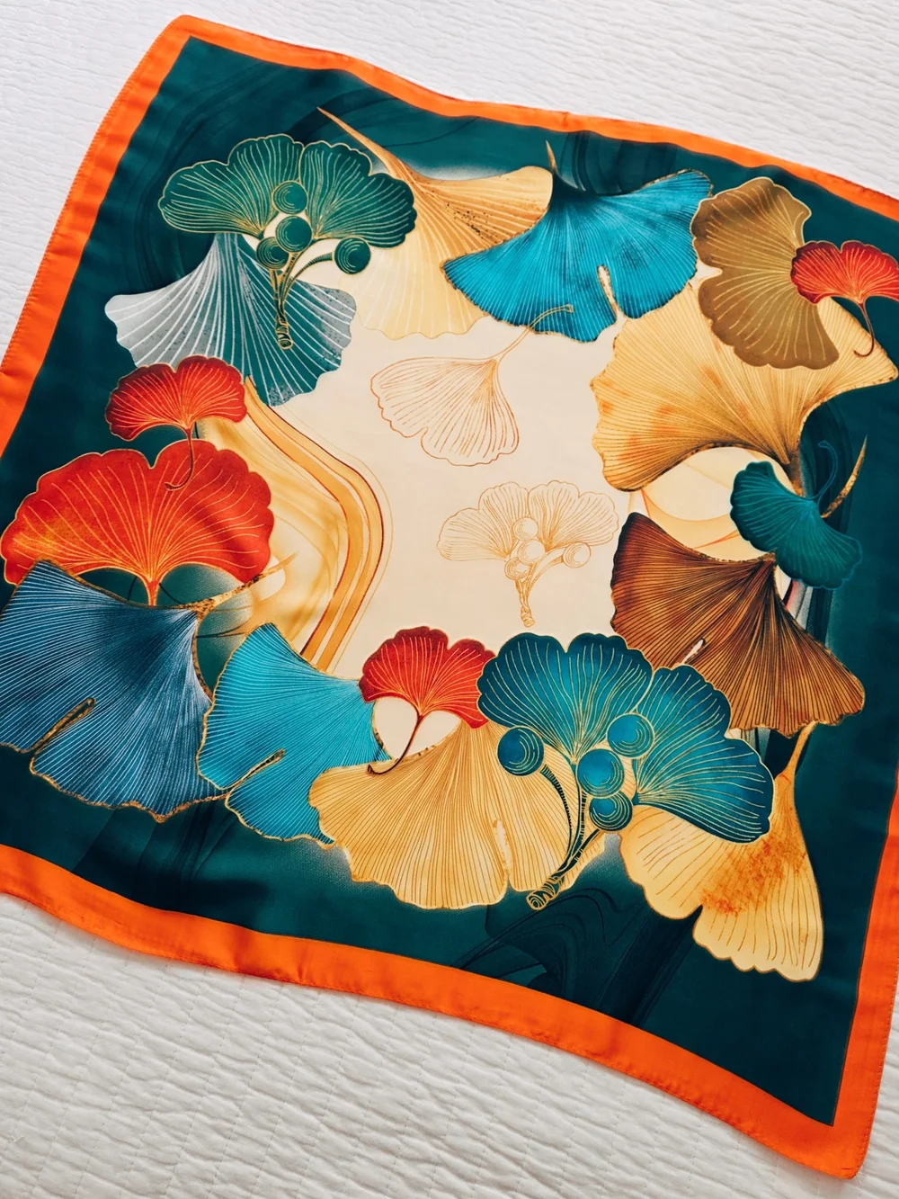 Botanical Print Neck Scarf in Teal and Orange